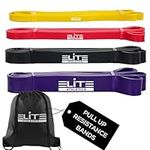 Elite Athletics Set of 4 Pull Up Assist Bands – Pull Up Resistance Bands - Exercise Bands, Long Workout Loop Bands for Body Stretching, Powerlifting, Fitness Training and Drawstring Carry Bag