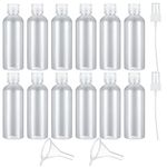 PIANKEKE 12 Pcs 100ml Plastic Travel Bottles Set, Empty Refillable Transparent Cosmetic Containers Bottles, Travel Size Bottles for Shampoo, Lotion, with 2 Nozzles and 2 Small Funnels