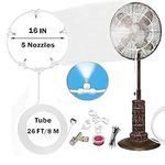 Patio Misters for Cooling Outdoor with 16 Inch Misting Fan Kit - 26ft Water Mister Spray Tube& 5 Removable snap-in Copper Nickel-Plated nozzles for Cooling Patio Garden Greenhouse Breeze(White)