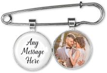 Personalised with ANY MESSAGE HERE- Wedding Bouquet Photo Bridal Charm Lapel Pin Bride Groom Boutonniere Custom Memory Memorial of Dad Mum Keepsake (White)