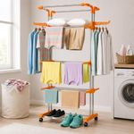 HOUZA Premium Stainless Steel Clothes Drying Stand with Wheels | 4 Layer Foldable Cloth Dryer Stand/Rack for Household, Balcony, Indoor & Outdoor | Portable & Rustproof- Orange