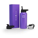 Iron °Flask Camping & Hiking Hydration Flask, Wide Mouth, 3 Straw Lids, Stainless Steel Outdoor Water Bottle, Double Walled, Insulated Thermos, Metal Canteen - Violet, 32 Oz