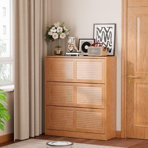 WoodsWhisper Solid Wood Shoe Cabinet for Entryway with 3 Flip Drawers, Narrow Shoe Organizer with Breathable Slatted Doors, Freestanding Hidden Shoe Rack for Hallway(Natural, 39" W)
