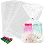 NPLUX 100 Pack Cellophane Bags,Clear Flat bottom Cellophane Treat Bags with 100 Pack Twist Ties for Candy Popcorn Cookie Small Gift Wrapping（8x11x3.15 Inches