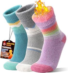 MOGGEI Heated Thermal Socks for Men Women Winter Warm Thick Insulated Ski Boot Work Cabin Socks Gifts Stocking Stuffers 3 Pairs(Blue/White/Purple,L)