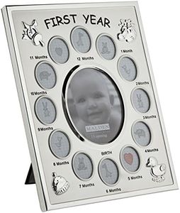 Malden International Designs Baby's First Year Collage Picture Frame, 13 Option, 1-3.5x4, 12-1x1, Silver