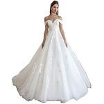 Lace Train Wedding Dress for Bride Aline Applique Bride Dress Long Tulle Off Shoulder Strapless, White, 12