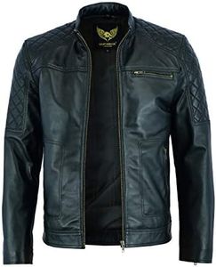 Men Slim Fit Retro Style Vintage Real Sheep Biker Leather Jacket Black (L)