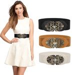 LEACOOLKEY Women’s Wide Elastic Waist Belt for Dresses Thick Elastic Stretchy Belt Vintage Cinch Belt with Brass Buckle（3 Packs，Black+Brown+Beige，80 cm- Suitable for waist size 34"-41 ")