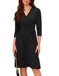 GRACE KARIN Formal Dress for Women Vintage V Neck 4/3 Sleeve Wrap Tie Waist Funeral Church Swing Dress Black S