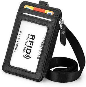 HAWEE Badge Holder with Zipper Genuine Leather RFID Keychain Wallet Neck Lanyards with Swivel Hook for Card/Coin/Cash, Black