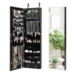 NAFORT Jewelry Armoire Cabinet with Full Length Mirror/ 2 LEDs, 47.5''H Wall/Door Mounted Lockable Jewelry Organizer Cabinet, Frameless Mirror, 2 Drawers,Black