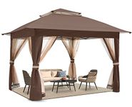 COOSHADE 13x13Ft Easy Pop Up Canopy Tent Instant Folding Shelter with Mosquito Netting Walls(Brown)