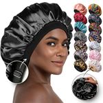 Satin Bonnet Adjustable Sleeping Silk Bonnet Black Women Men Double Layer Satin Lined Sleep Cap for Sleeping Hair Wrap Silk Hair Curly Bonnet Large Braids Locs Cover Bonnets Night Head Scarf Protect