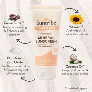 Suntribe Baby & Kids Mineral Sunscreen SPF 30, 100ml – Organic, Reef Safe, Perfume Free
