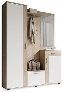 Stella Trading, PATENT Set mobili da ingresso in rovere sonoma, bianco, moderno con specchio, 145 x 184 x 29 cm