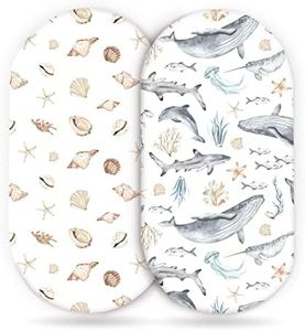 GRSSDER Stretchy Ultra Soft Fitted Bassinet Sheets Set 2 Pack, Cradle Sheet Universal Fit for Rectangle, Oval, or Hourglass Bassinet Pad/Mattress Safe and Snug, Stylish Cute Whale Sea Worl for Baby