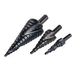 HOHXEN 3pcs Spiral Step Drill Bit Set[4-12mm/4-20mm/4-32mm, Total 29 Size],Triangle Round Shank Spiral Groove Cone Titanium Coated High Speed Steel Step Drill(Black) for Multi-Functional DIY