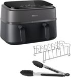 Philips Dual Basket Airfryer 3000 Series, 9L, 2 Drawer Air Fryer, with Breakfast Kit, Rapid Air Technology, Versatile Large Air Fryer for Family, 99% Less fat and Energy Saving, HomeID App (NA350/03)