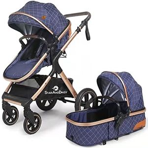 StarAndDaisy Baby Strollers / Pram for 0 to 5 Years Girl & Boy with Push Handle Foldable Design, Luxury Look, Shock Absorber Large Wheel, Easy to Convertible Seat and Sleep Mode Reversible Bassinet, 5 Point Safety Belt, Washable Fabric - (Blue Triple Layer Fabric with Golden Tubes)