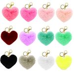 DOITEM Pack of 12 Heart Shape Pompoms Keychain Fluffy Ball Key Chain Artificial Rabbit Fur Pompoms Keyring for Girls Women