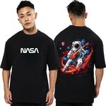 fanideaz Mens Cotton Round Neck Oversized NASA Print Half Sleeve T-Shirt_Black_3XL