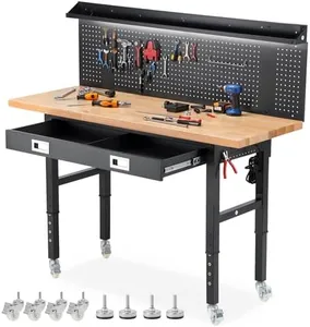 ENJOYWOOD Workbench with Wheels 60 x 22 Inch Heavy Duty Rubber Wood Tabletop Work Bench with Pegboard, Drawers, Power Outlets Adjustable Height Work Table for Woodworking Shop, Home, Office