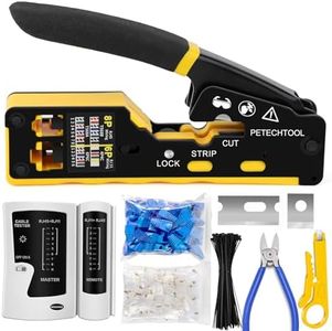 PETECHTOOL RJ45 Crimp Tool Pass Through Ethernet Crimping Tool Kit Cat6 Cat5e Cat6a RJ45 Crimper with Cable Tester, Cat6 Connectors with RJ45 Boot Covers, Mini Stripper, Blades and Cable Ties