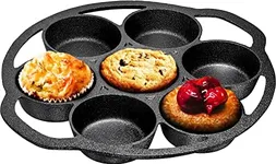 Bruntmor Premium Cast Iron 7-Cup Biscuit Pan, Large Muffin Pan, Round Kitchen Non Stick Baking Tool for Scones, Cornbread, Muffins, Cup Cakes and Brownies, Black