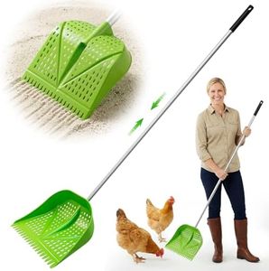Thiswing Chicken Poop Scooper & Rake 2-in-1, Adjustable Handle Length from 38" to 66", Features Manure Sifting Capability – Ideal for Chicken Coops and Farm Animal Cleaning (Green)