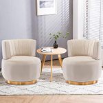 TTK Swivel Barrel Chairs for Living Room Set of 2, 360 Degree Comfy Modern Round Chair Velvet Gold Accent Upholstered Armchair Arm Chair Sherpa for Bedroom Club Office Nursery Silla para Sala(Beige)