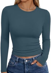Trendy Queen Womens Long Sleeve Shirts Basic Crop Tops Tight Slim Fit Cute Teen Girls Fall Winter Y2k Clothes Haze Blue XL