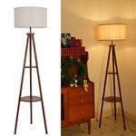 LuminexDesigns Tripod Floor Lamp with Shelf, Vintage Walnut Corner Standing Lamp with Linen Lampshade, Foot Switch, 2-Tier Storage, Tall E27 Light for Living Room, Bedroom and Reading WOVI FL03