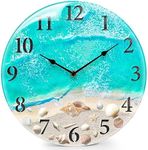 Coastal Nautical Glass Wall Clock with Seashell Design and Aesthetic Beach Theme - Battery Operated Silent Wall Decor for Home, Kitchen, Living Room, Office, Bedroom, or Bathroom (12 Inch,Teal)