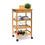 Relaxdays James Kitchen Cart Size: Large, Bamboo: 80.5 x 50 x 37 cm Serving Rolling Cart w/ Drawer & 2 Trays Rolling Wooden Kitchen Trolley W/ Storage Space For Plates & Wine Bottle Rack, Natural