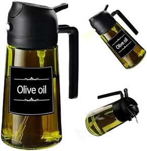 LYCIDAE Oil Sprayer, 2-in-1 Oil Spray Bottle & Dispenser, 16oz/470ml Sunlight-Resistant Glass Bottle with Pourer, for Cooking, Salad, Frying, BBQ (470ML-Black)