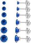 6 Pairs Stud Earrings Set, Hypoallergenic Cubic Zirconia Earrings 316L Stainless Steel CZ Earrings 3-8mm (Royal blue CZ)