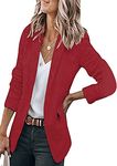 YMING Women Autumn Solid Color Blazer Casual Open Front Jackets Office Work Cardigan with Pockets Wine Red S