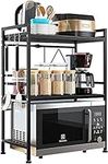 BQKOZFIN Expandable Microwave Oven Rack, Height Adjustable Carbon Steel Microwave Shelf, Foldable Kitchen Counter Organizer for Toaster, Towels, 3 Tiers with 3 Hooks, 66lbs/30kg Load Bearing, Black