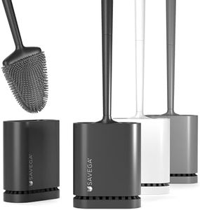SAVEGA - Silicone Toilet Brush with Flat and Flexible Head - Silicone Toilet Brush with Quick-Drying Holder - Modern Toilet Brush for Wall Mounting No Drilling (Black, Matte) - Set of 1