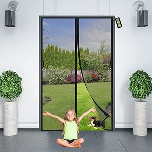 Door Screen Magnetic Closure Porch Screen Black 150x220cm Insect Screen Window with Magnetic - Keeps Mosquitoes Insects Outfor Balcony Living Room Patio Without Drilling - Unique Hook Design