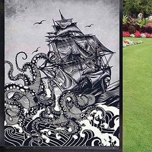 Nautical Window Film Privacy Window,Kraken Octopus Tentacles Ship Sail Old Boat in Ocean Waves Room Darkening Window Privacy Film Removable,Indigo Purpleblue 24" x 36"
