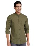 Amazon Brand - Symbol Men's Cotton Shirt | Chinese Collar | Casual | Plain | Full Sleeve | Summer - Regular Fit (Available in Plus Size) (Olive_L)