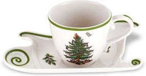 Spode Christmas Tree Jumbo Cup with Sleigh-Shaped Saucer - 18 Ounce Earthenware Mug for Coffee, Tea, Hot Chocolate, Festive Drinks - Charming Holiday Décor & Festive Christmas Design