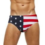 FEOYA Men's Swimming Briefs with Pouch Sexy Low Rise Swim Briefs Summer Bikini Bottoms Printed Swimming Costume USA Flag Swimwear Micro Swimming Trunks Beach Padded Underwear Red Color Block A-02 XXL