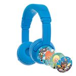 BuddyPhones Play+, Wireless Bluetooth Volume-Limiting Kids Headphones, 20-Hours Battery Life, 3 Volume Settings, Voice Enhancing StudyMode, Answer/Playback Button, BuddyLink Cable, Cool Blue