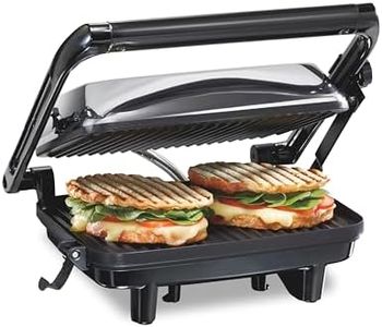 Hamilton Beach Panini Press Sandwich Maker & Electric Indoor Grill with Locking Lid, Opens 180 Degrees for any Thickness for Quesadillas, Burgers & More, Nonstick 8" x 10" Grids, Chrome (25460A)