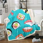 Sushi Throw Blanket 50"x60",Cartoon Japan Food Fleece Blanket for Kids Child,Japanese Style Bed Blanket for Teens Boys Girls,Funny Novelty Hand Drawn Flannel Blanket Kawaii Stroller Bed Decor Teal