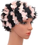 Medifier Lace Vintage Swim Cap Floral Petal Retro Style Bathing Caps for Women Rose Pink and Black