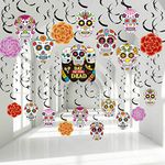 30 pcs Day of The Dead Foil Swirls Decorations Halloween Sugar Skull Flowers Ceiling Hanging Swirls Dia de los Muertos Party Favors Supplies for Halloween Birthday Skull Mexican Party (Classic Style)